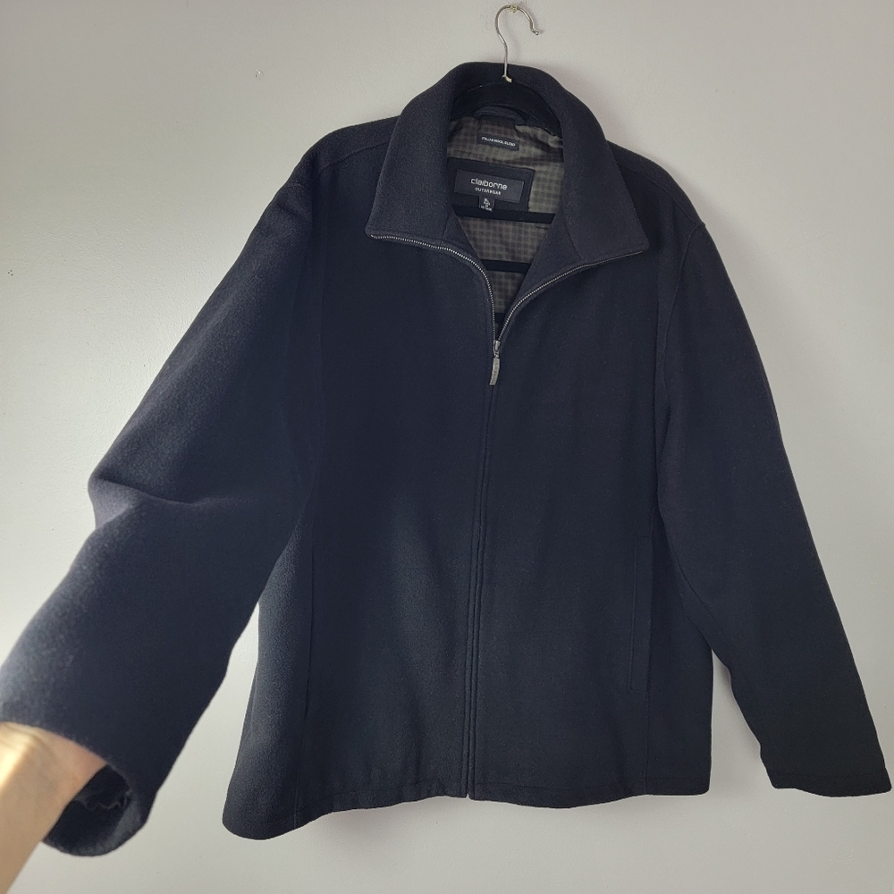 Claiborne Outerwear Mens XL Black Italian Wool Blend Coat Jacket Full Zip Lined